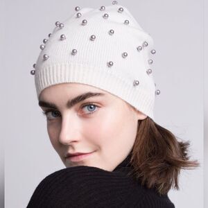 QI ivory finest Premium Mongolia 💯 Cashmere Cream Beanie with Grey Pearls Nwt